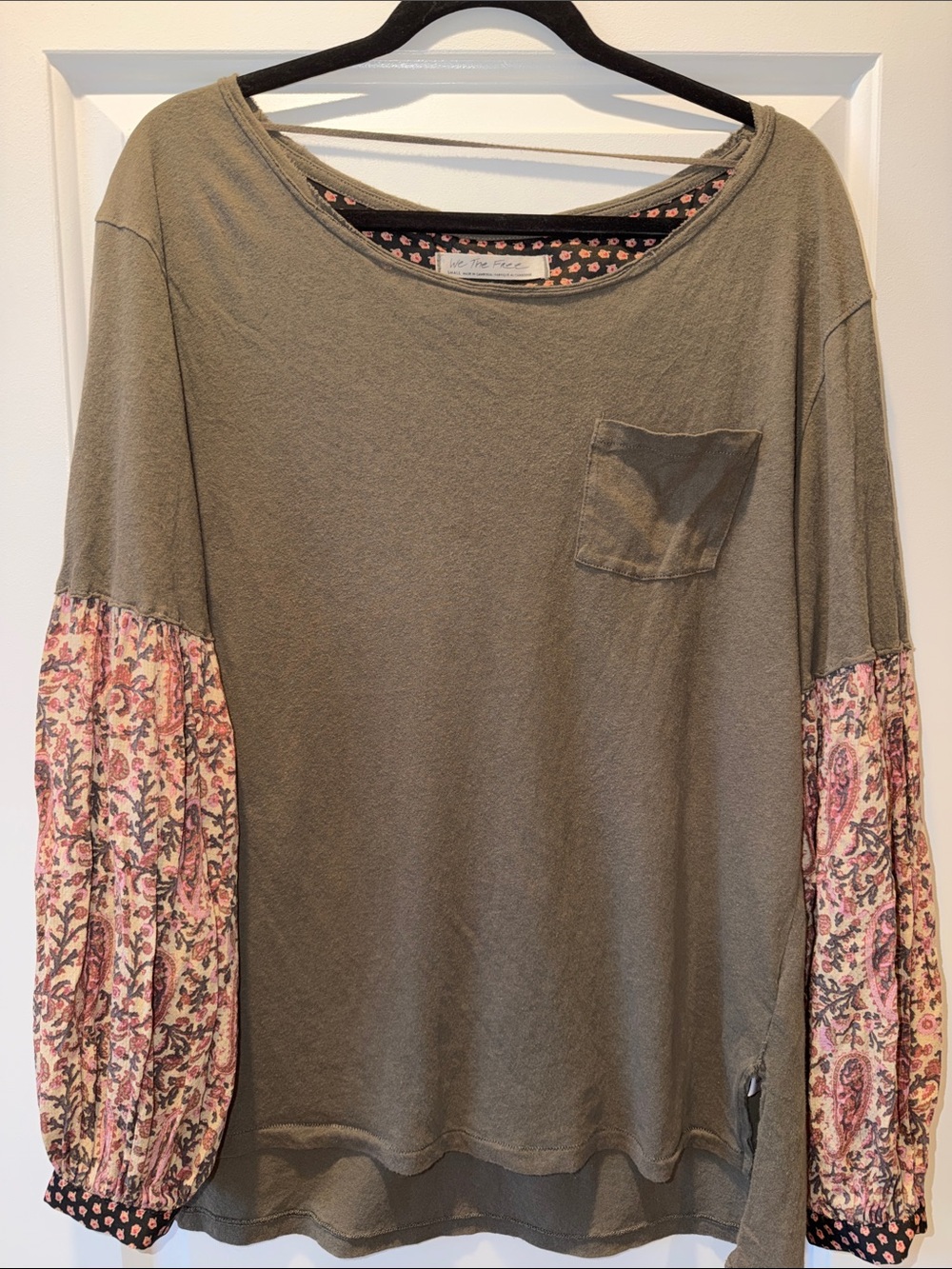 We The Free Olive Top with Pink Paisley Balloon Sleeves